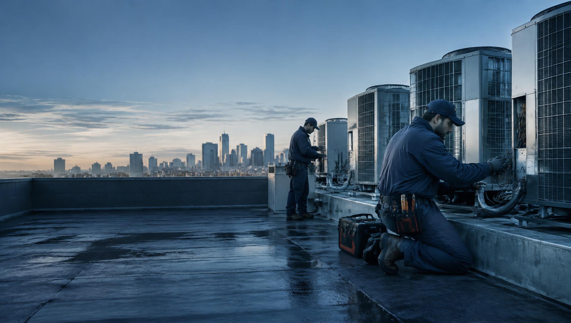 HVAC technicians inspecting rooftop air-conditioning equipment